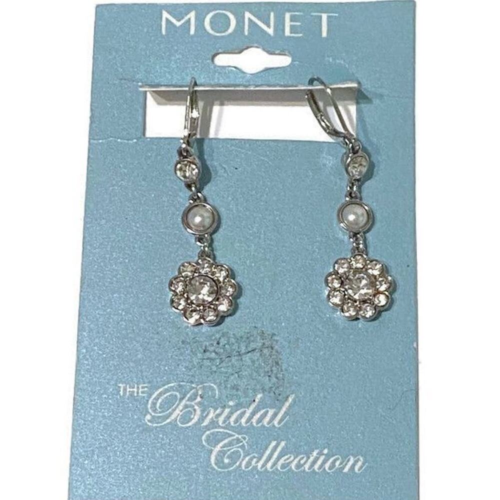 Monet Bridal Collection Earrings Jewelry Costume Dangle Signed Wedding Prom